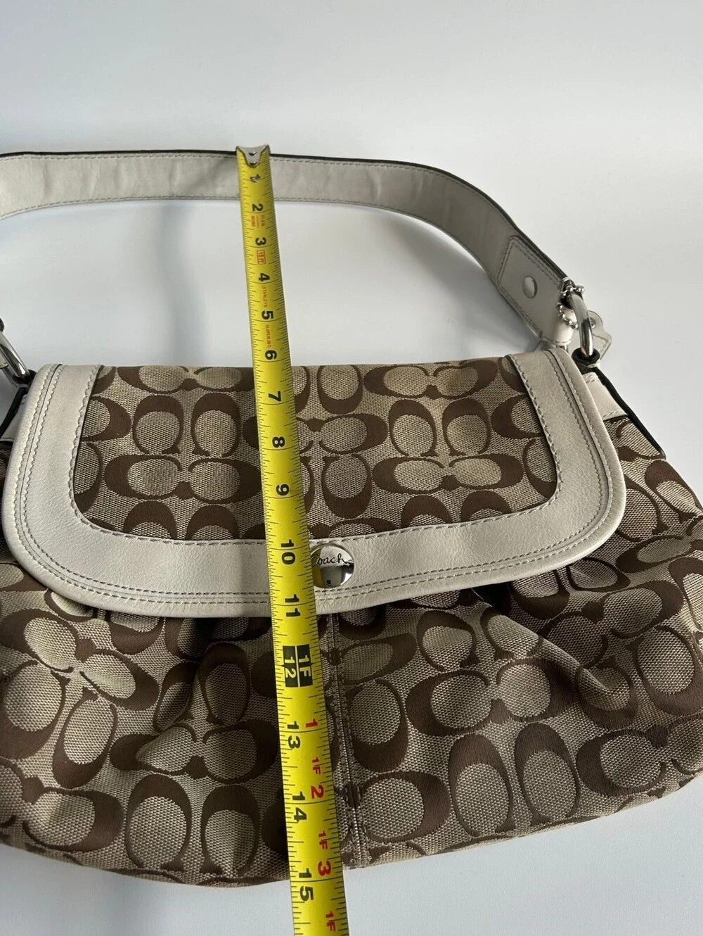 Coach Soho Signature Flap Shoulder Bag Khaki Canvas White Leather Trim